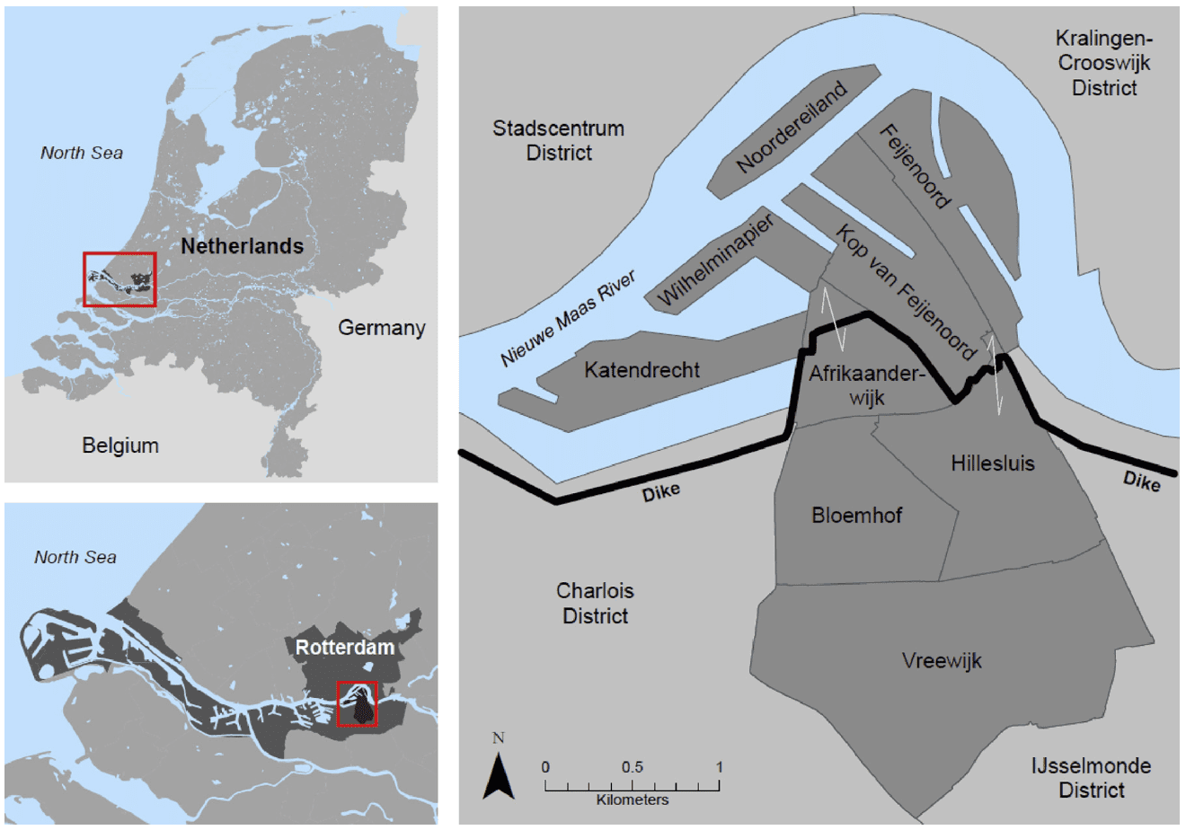 Figure 1: Neighborhoods in Feijenoord District, with locator maps of the Netherlands and Rotterdam.