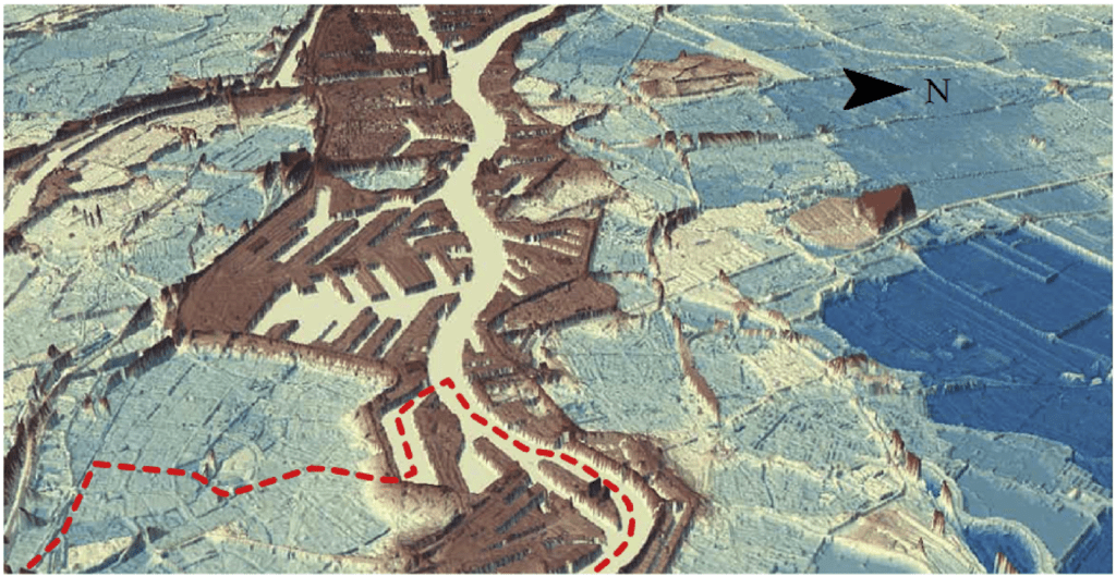 Figure 2: 3D model showing land elevation in central Rotterdam (looking west, down the Nieuwe Maas River; brown = higher elevation; blue = lower elevation)