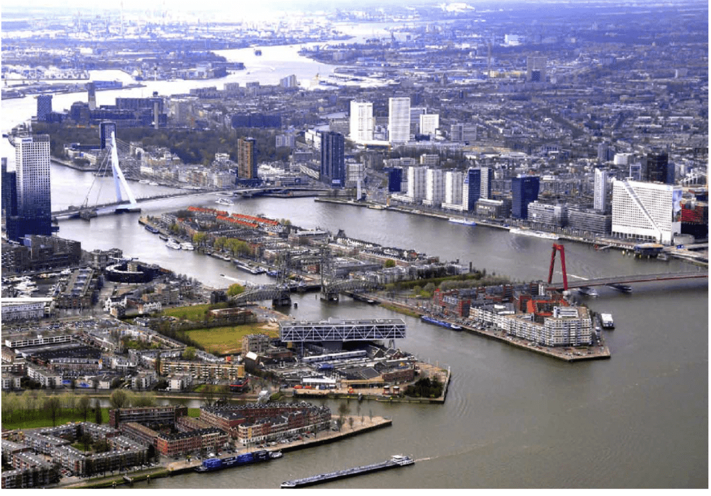 Figure 4: Aerial view of northern Feijenoord District and the Nieuwe Maas River, looking west