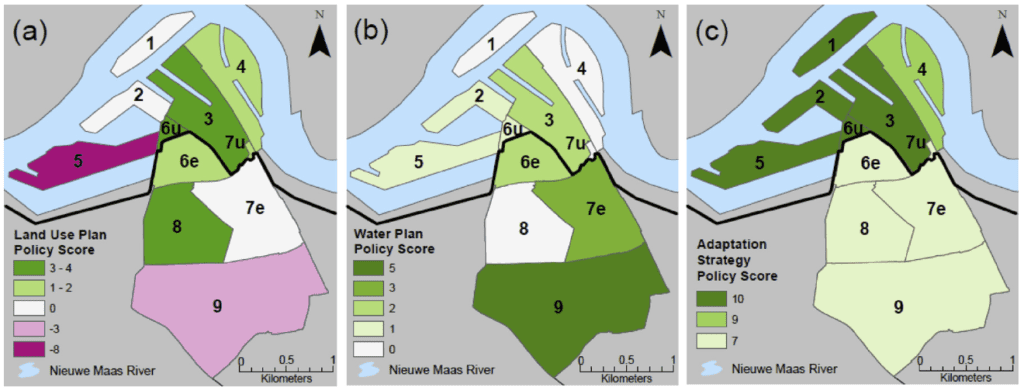 Policy scores by plan type in Feijenoord District neighborhoods (pink = negative; green = positive): (a) Land Use Plans (all shown on one map); (b) Sub- municipal Water Plan; (c) Rotterdam Climate Change Adaptation Strategy.
FROM P.154
