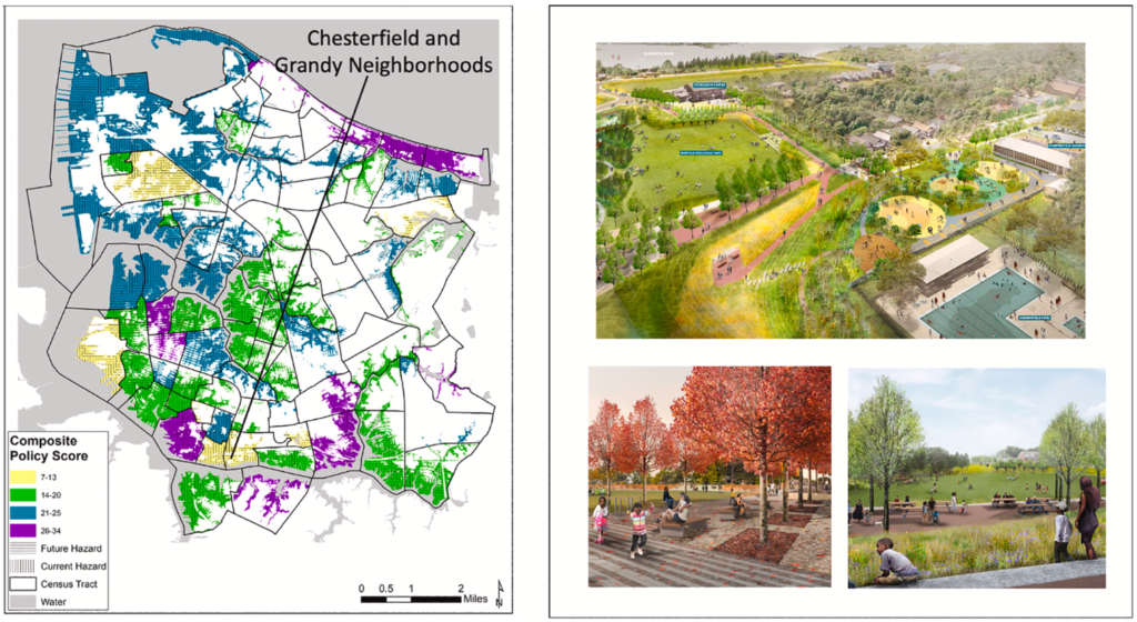 Norfolk, Virginia, USA: composite plan policy score by district hazard zone (left); Resilience Park design (right). This plan emphasized the goal of creating a neighborhood park for the benefit of existing, low-income Chesterfield and Grandy neighborhoods (City of Norfolk, 2018)