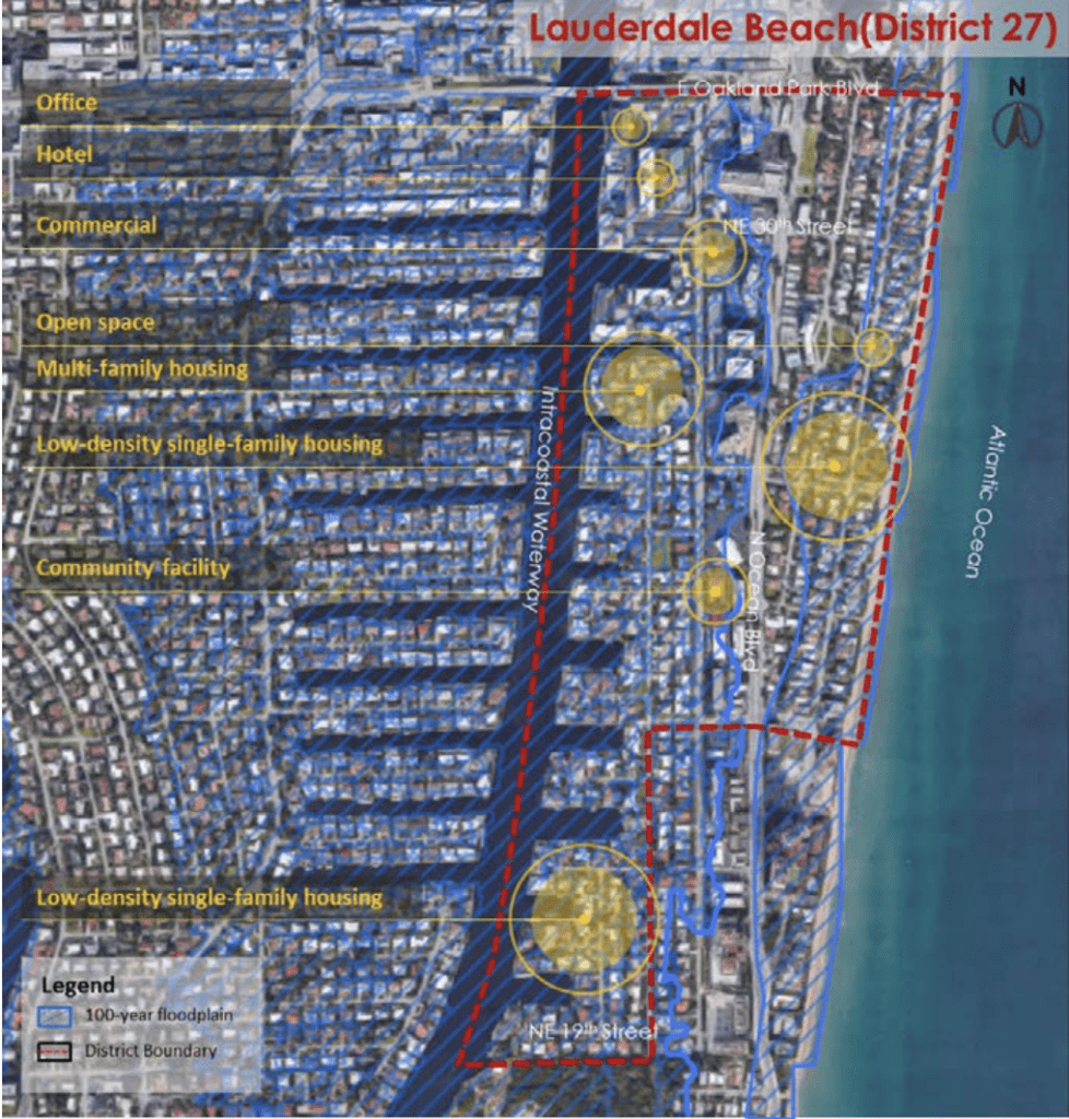 Figure 3: Lauderdale Beach/Dolphin Isles (District 27), Fort Lauderdale, Florida, USA, with 100-year floodplain extent (blue hatch).