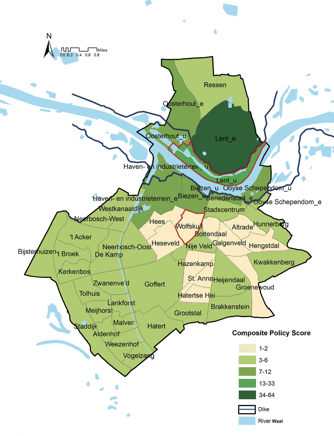 Figure 1: Composite policy scores in neighborhoods of 14 plans collected at national, provincial, and local levels in the city of Nijmegen.