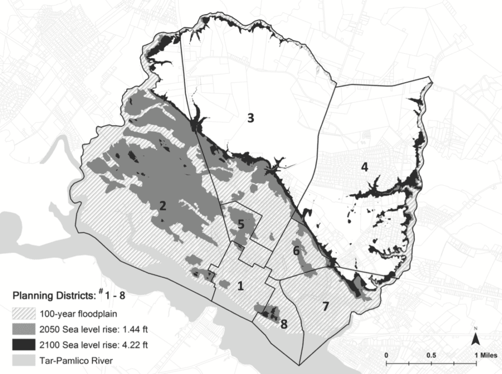 Figure 1: Hazard zones and planning districts in the city of Washington (NC).
