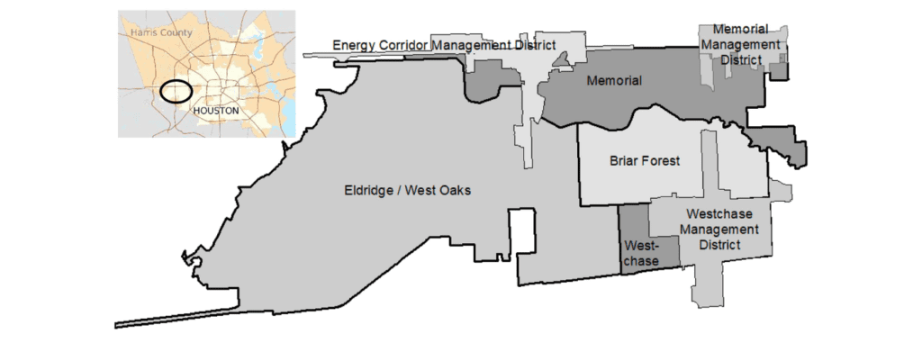 Figure 1: Study area: a cluster of four super neighborhoods and three municipal management districts in western Houston, Texas, USA. The Barker Reservoir (including George Bush Park) comprises the western half of the Eldridge/West Oaks super neighborhood. The Addicks Reservoir is located just north of the Energy Corridor Management District.