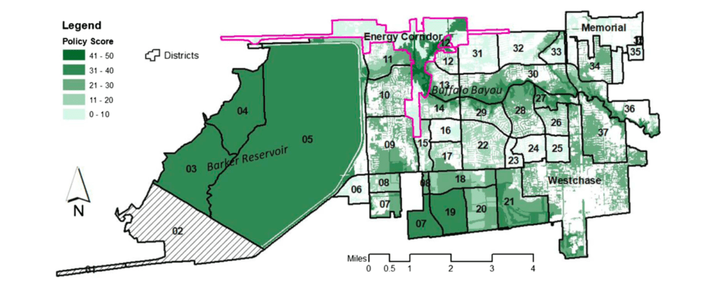 Figure 2: Resilience scorecard results: policy scores by district-hazard zone in the western Houston study area. Darker shades indicate stronger and more positive policy attention, whereas lighter shades suggest less attention (and potentially more policy conflict). Districts 03, 04, and 05, located inside the Barker Reservoir, were affected positively by policies aimed at preserving and enhancing it as a parkland and water detention facility.