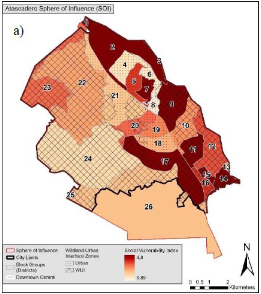 Social Vulnerability Index Overlayed with CAL FIRE Fire Hazard Severity Zones for Atascadero, CA.